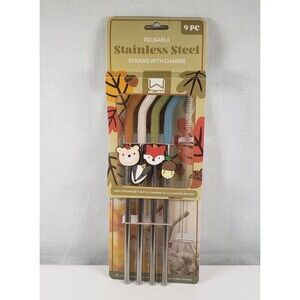 Stainless Steel Set 4 Reusable Straws with Silicone Tip Charms & Cleaning Brush